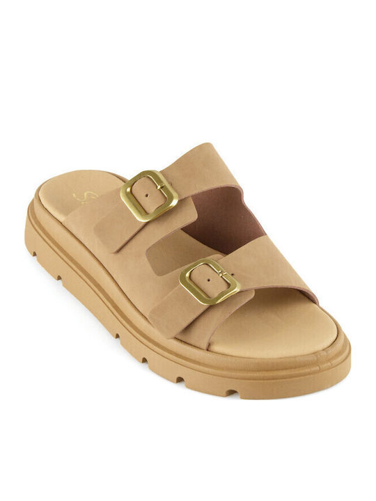 Leather Women's Flat Sandals Flatforms in Brown Color