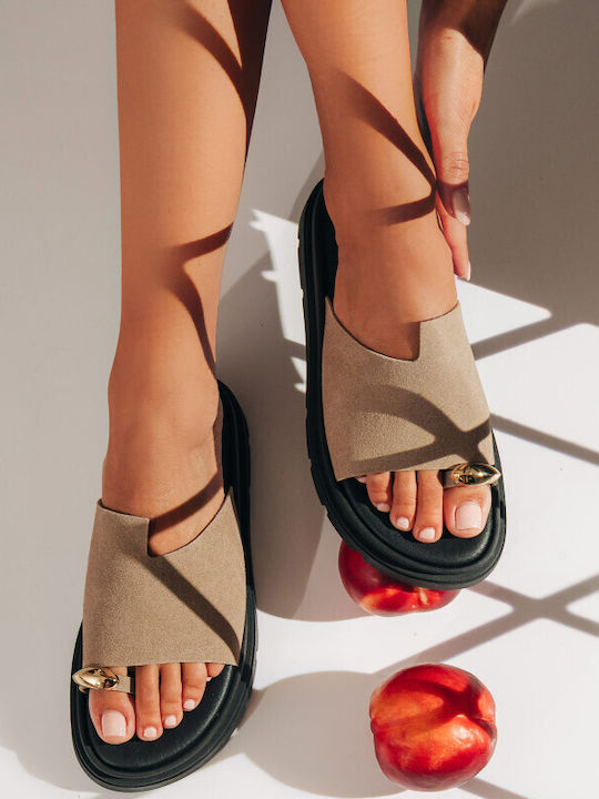 Leather Women's Flat Sandals Flatforms in Brown Color