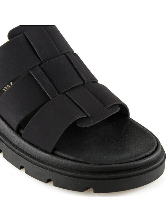 Δερμάτινα Γυναικεία Σανδάλια Flatforms Μαύρα