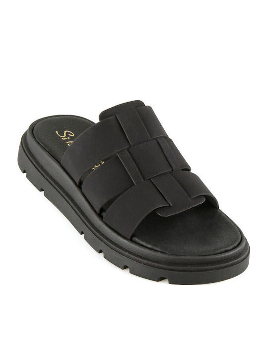 Δερμάτινα Γυναικεία Σανδάλια Flatforms Μαύρα