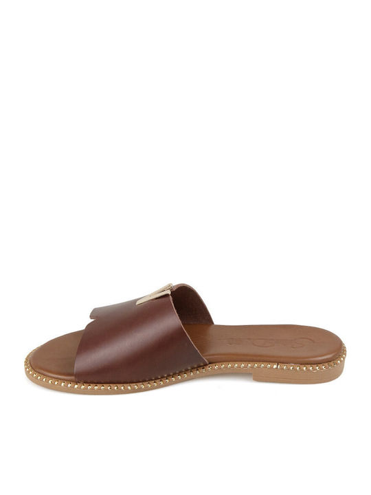 Leather Women's Flat Sandals in Brown Color