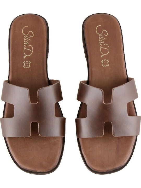 Leather Women's Flat Sandals in Brown Color