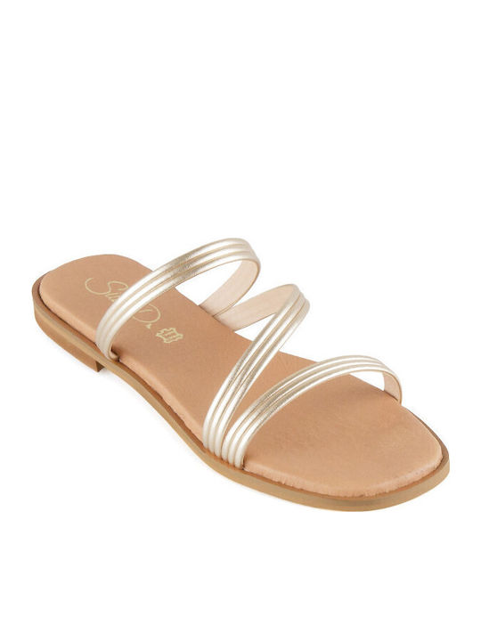 Leather Women's Flat Sandals in Gold Color