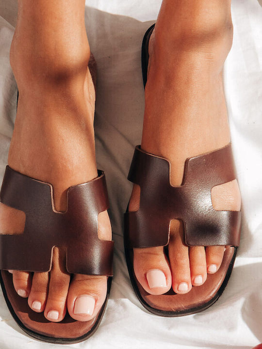 Leather Women's Flat Sandals in Brown Color