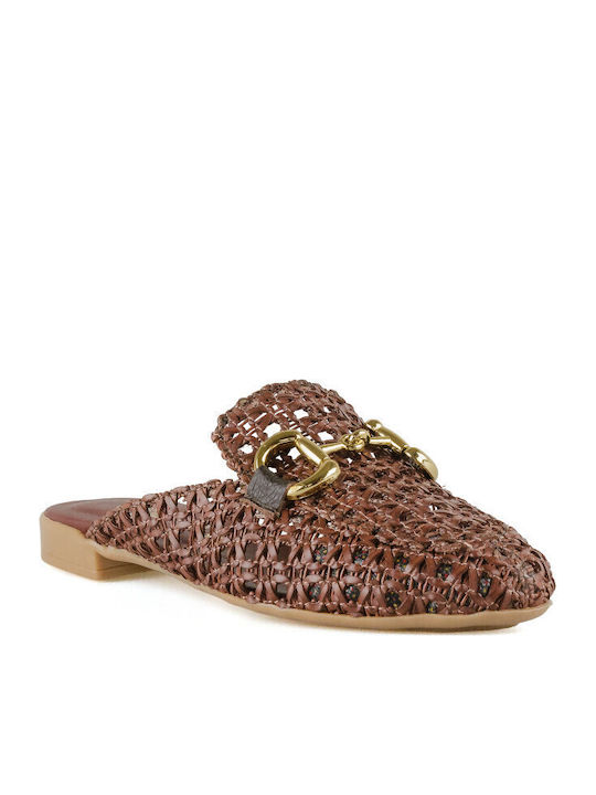Leather Mules with Heel in Brown Color