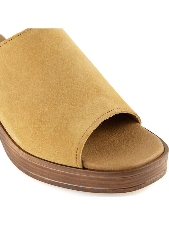 Leather Mules with Chunky Heel in Brown Color