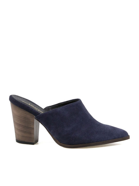 Leder Mules mit Hoch Absatz in Blau Farbe