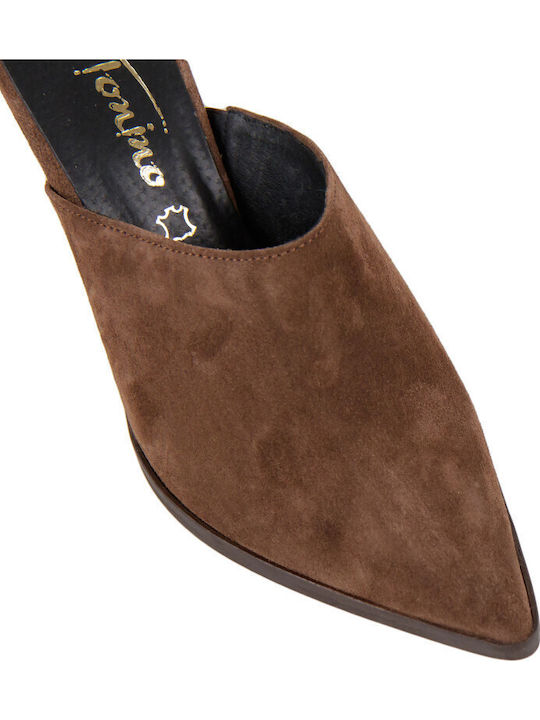 Leather Mules with High Heel in Brown Color