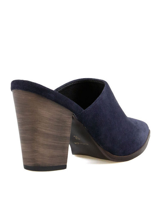 Leder Mules mit Hoch Absatz in Blau Farbe