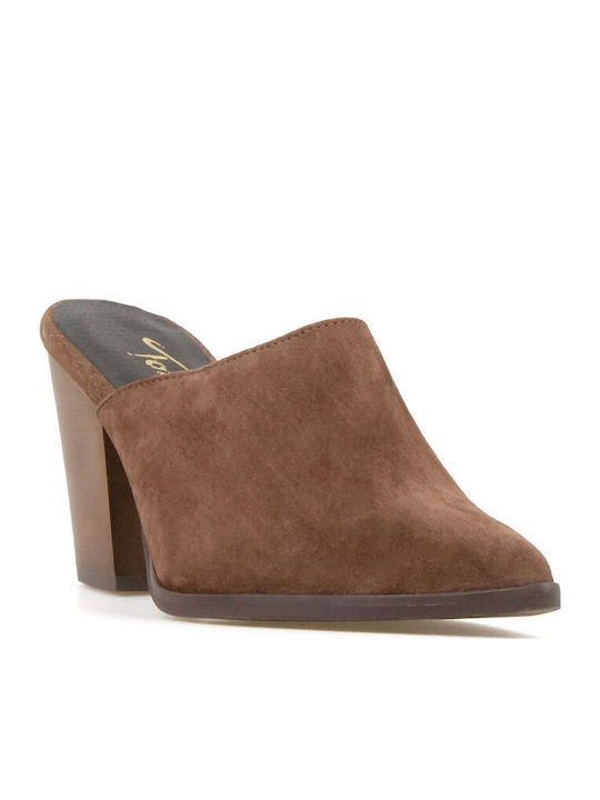 Leather Mules with High Heel in Brown Color