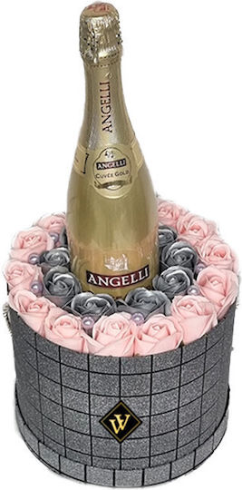 Velve Silber Geschenk Blumenarrangement Seifenrosen Angelli Cuvee Gold Sekt