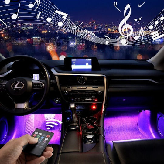 Lumina Led RGB Interior Auto cu Senzor de Sunet 4 Benzi Adezive 12 V Telecomandă IR