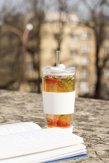 Vialli Design Pahar Cafea / Cafea grecească Freddo din Sticlă în Culoarea Alb cu pai 600ml