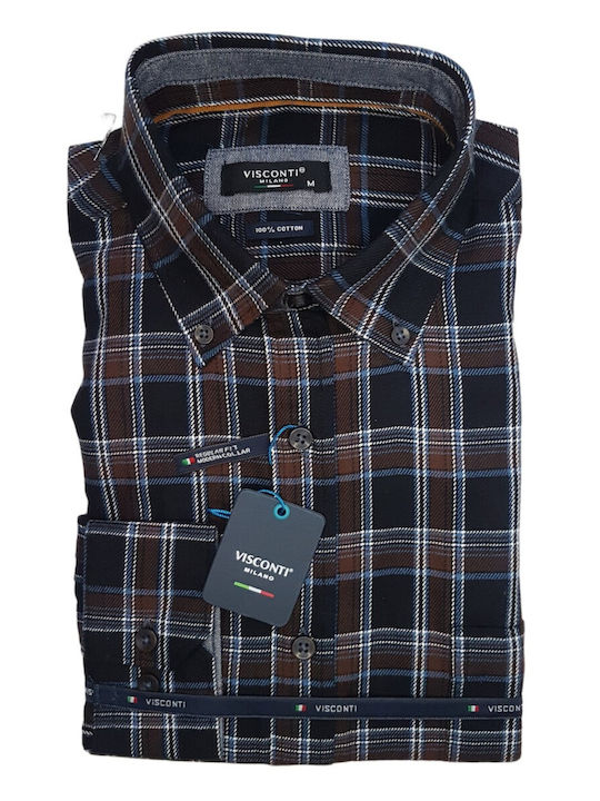 Long Sleeve Cotton Shirt in Regular Fit Checked Brown