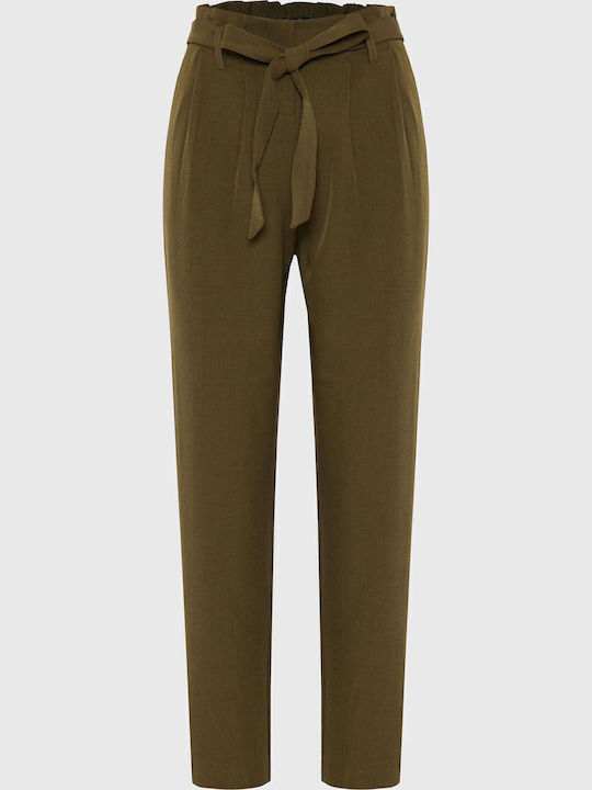 Damen Stoff Hose mit Gummizug Khaki