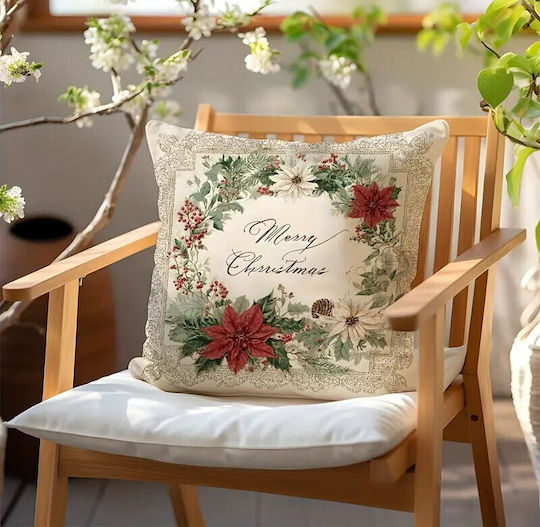 By Queen Limited Festive Edition Pillow Case Merry Wreath Poinsettias Pinecones 45x45cm
