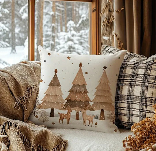 By Queen Limited Festive Edition Μαξιλαροθήκη “scandinavian Serene Christmas” Τάρανδους Πεύκα 45x45εκ