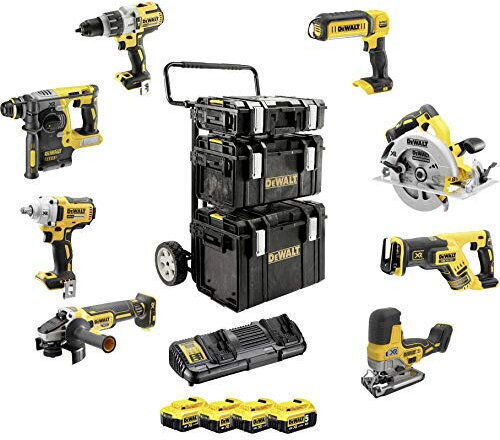 DEWALT DCK856P4 Set Eckiges Rad & Kreissäge & Schlagbohrschrauber & Schlagschrauber & Hammer & Stichsäge & Stichsäge & Objektiv 18V mit 4 Batterien 5Ah und Hülle