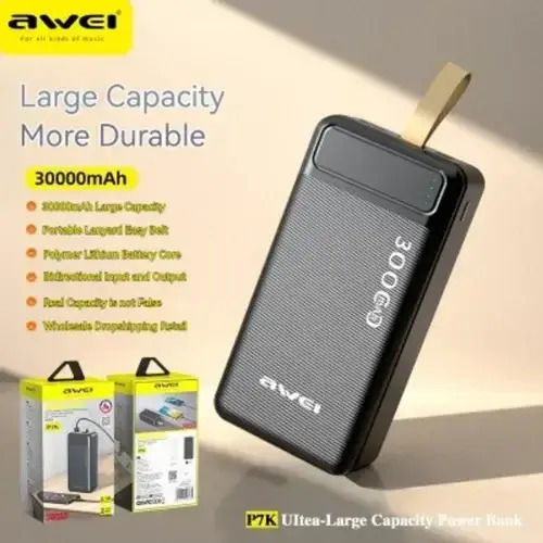 Awei P7K Power Bank 30000mAh με 2 Θύρες USB-A και Θύρα USB-C Μαύρο