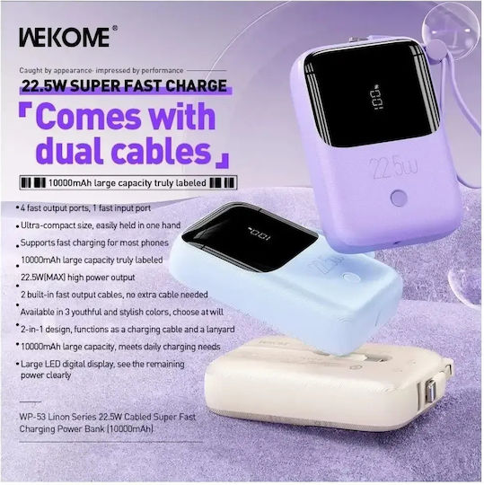 WK WP-53 Power Bank 10000mAh 22.5W με Θύρα USB-A και Θύρα USB-C Γαλάζιο