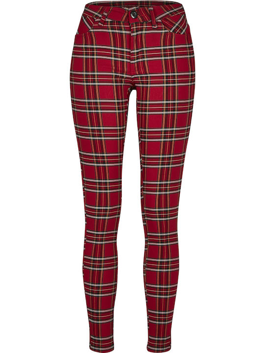 Women's Fabric Trousers Skinny Fit Checked Red