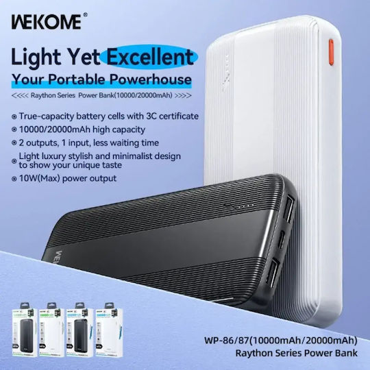 WK WP-86 Raython Series Power Bank 10000mAh με 2 Θύρες USB-A και Θύρα USB-C Μαύρο