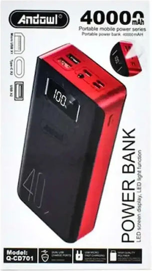 Andowl Q-CD701 Power Bank 40000mAh με 2 Θύρες USB-A Κόκκινο