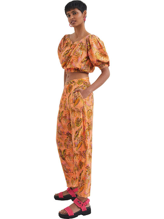 Safari Women's High-waisted Fabric Trousers Regular Fit Floral Orange