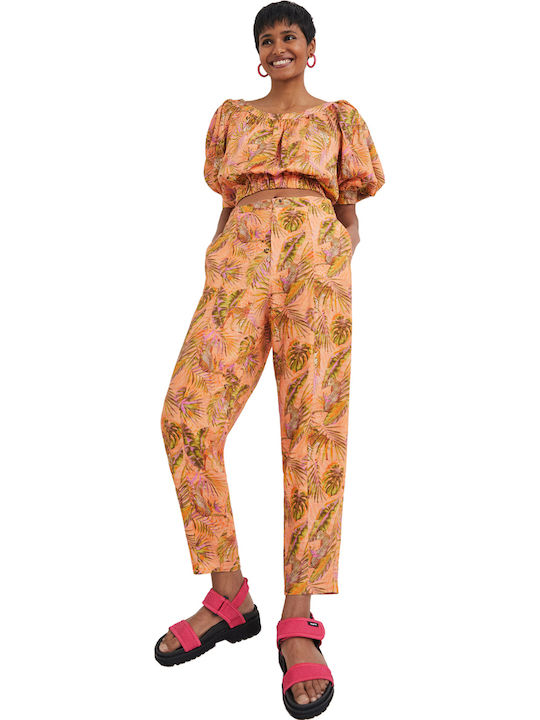Safari Women's High-waisted Fabric Trousers Regular Fit Floral Orange
