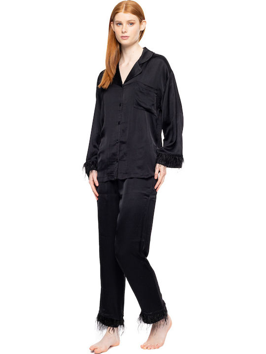 Pink Label Winter Women's Satin Pajama Set Black