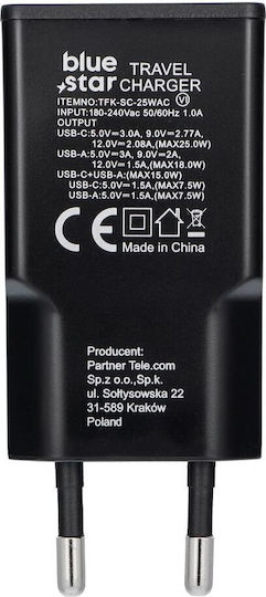 Blue Star Charger Without Cable GaN with USB-A Port and USB-C Port 25W Power Delivery / Quick Charge 4.0 Blacks (TFK-SC-25WAC)