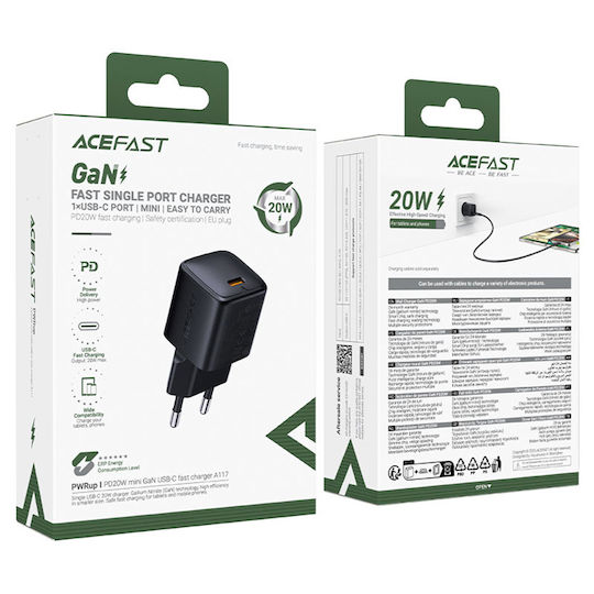 Acefast Φορτιστής Χωρίς Καλώδιο GaN με Θύρα USB-C 20W Power Delivery Μαύρος (A117)