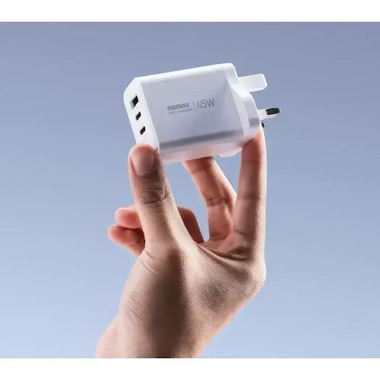 Remax Charger Without Cable with USB-A Port and 2 USB-C Ports 45W Whites (RP-U139)