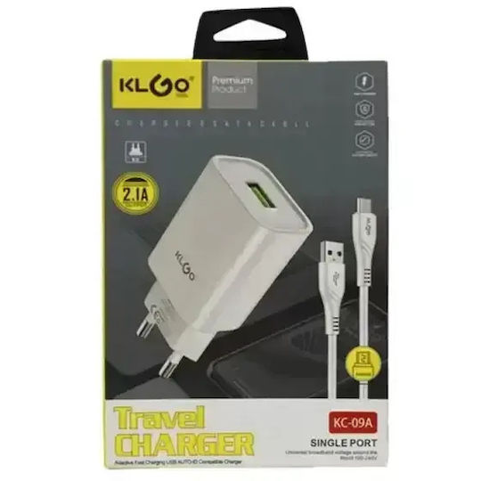 KLGO Încărcător cu Port USB-A și Cablu micro USB Albς (KC-09A)