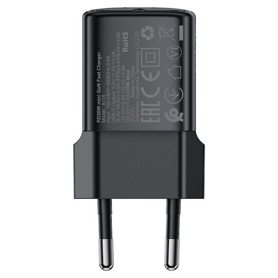 Acefast Charger GaN with USB-C Port and Cable USB-C - USB-C 30W Power Delivery Blacks (A118)