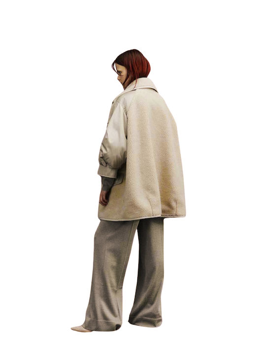 Sherpa Women's Grey/Beige Coat with Buttons