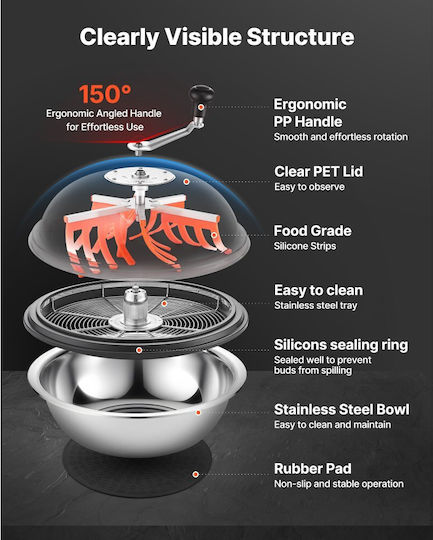 Vevor Bud Leaf Bowl Manual Lawn Mower 490 Mm Sharp Blades Stainless Steel Visual Cutting Hydroponic Wet Dry Twisting Rotation Plants Leaves Buds Flowers