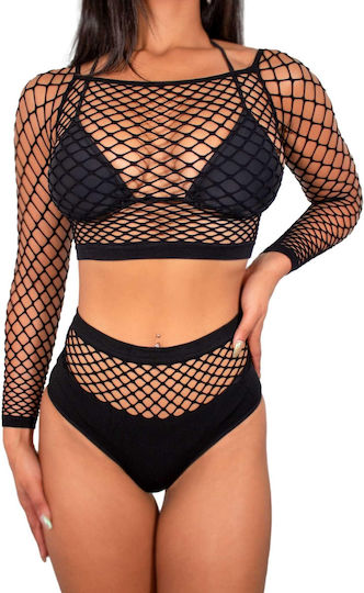 Leg Avenue 81566 Net Top & High Waisted Bottom Black Black