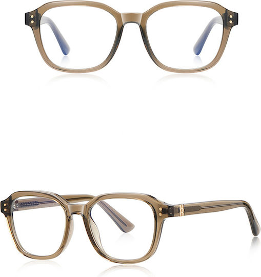 Techsuit Anti-Blue Light Glasses Reflex PC 2227 Men Round TR90 & Metal Frame AC Lens Transparent Brown