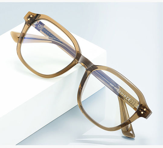 Techsuit Anti-Blue Light Glasses Reflex PC 2227 Men Round TR90 & Metal Frame AC Lens Transparent Brown