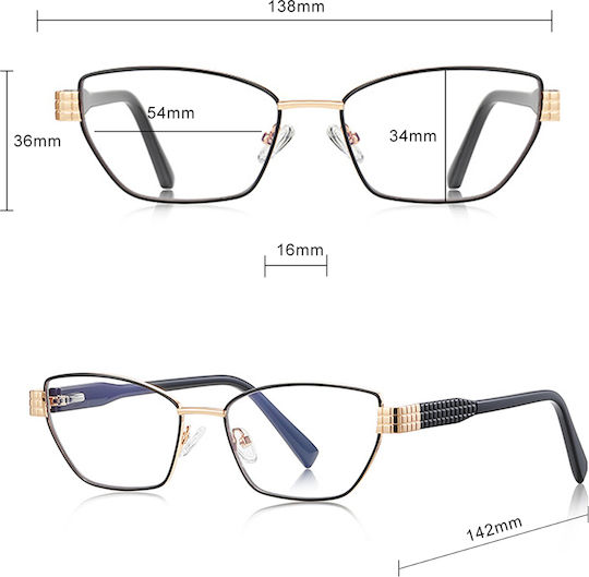 Techsuit Anti-Blue Light Glasses Reflex PC 3162 Women Rectangle Metal Frame AC Lens Gold