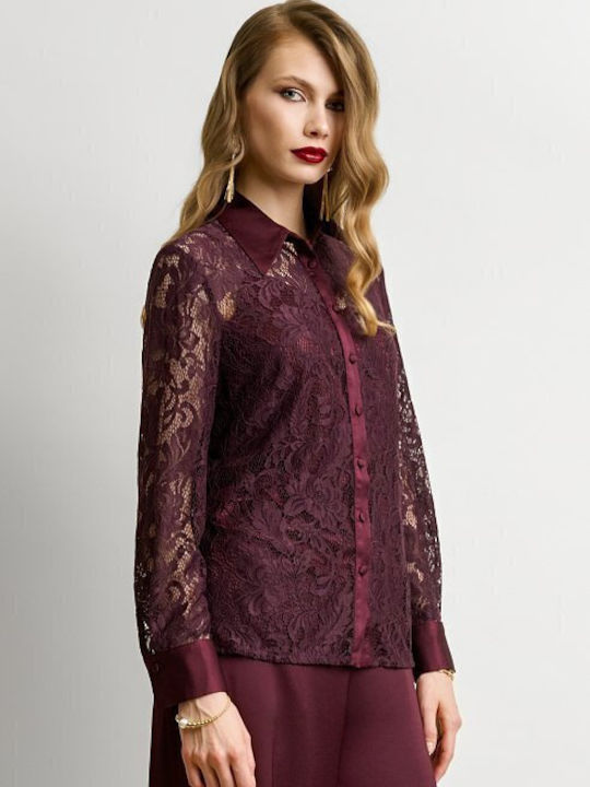 Women's Satin Long Sleeve Shirt Bordeaux