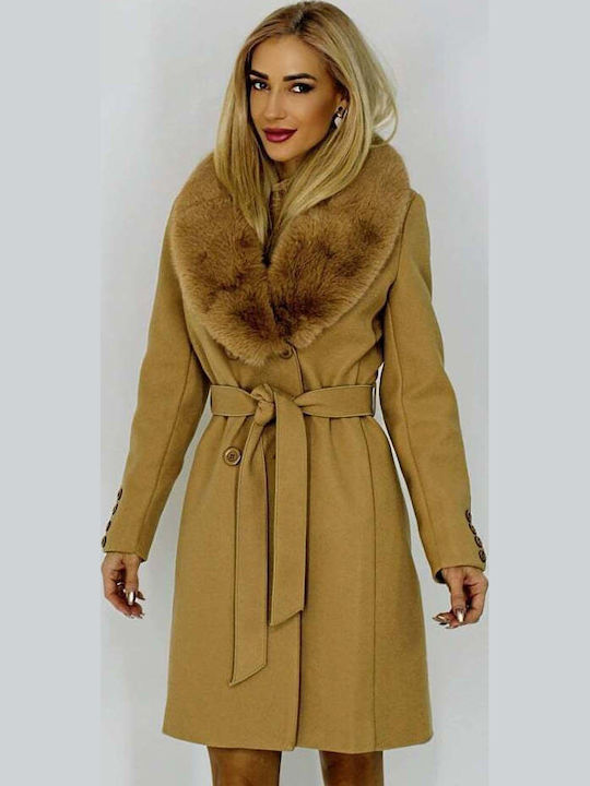 Μάλλινο Γυναικείο Beige Παλτό με Γούνινες Λεπτομέρειες