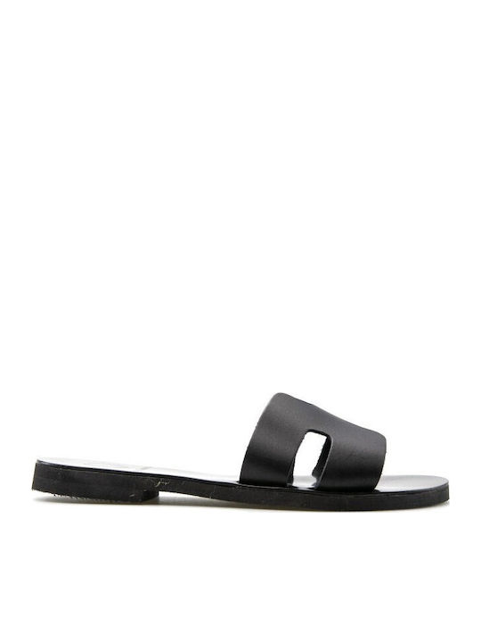 Leather Women's Flat Sandals in Black Color