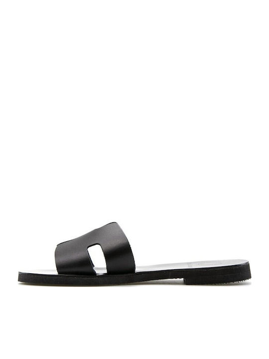 Leather Women's Flat Sandals in Black Color