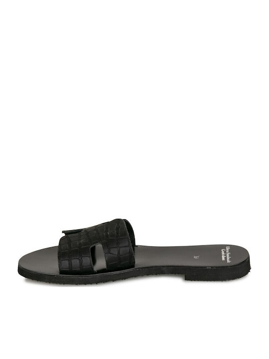 Leather Women's Flat Sandals in Black Color