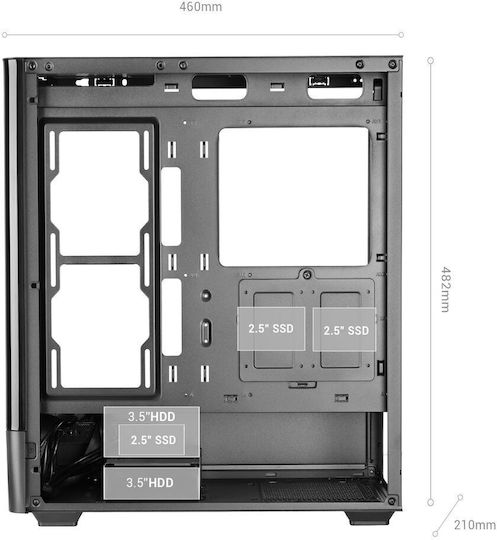 Mars Gaming MC-LCDPRO Gaming Midi Tower Κουτί Υπολογιστή με Πλαϊνό Παράθυρο Μαύρο
