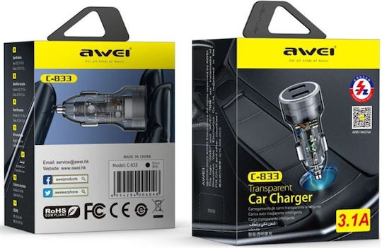 Awei C833 Зарядно за кола 3.1Спецификация с Портове: 2xUSB Черен Цвят