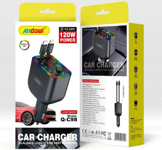 Andowl FM Transmitter Αυτοκινήτου Qc98 Bluetooth με Bluetooth / Type-C