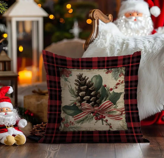 By Queen Limited Festive Edition Μαξιλαροθήκη Plaid Pinecone Ριγέ Κορδέλα